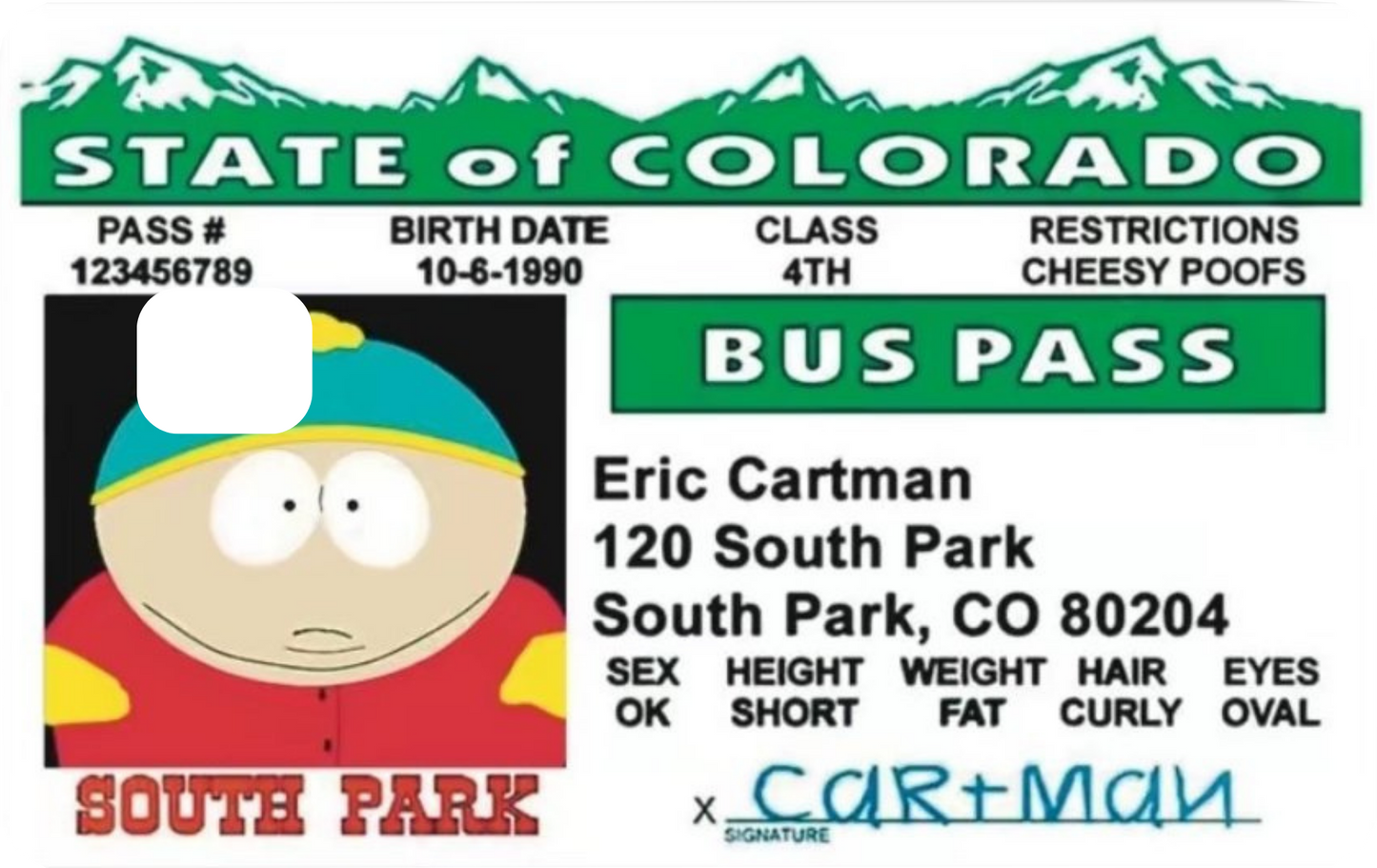 "Eric Cartman Bus Pass" Card Skin