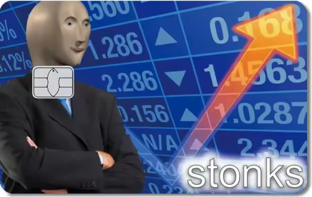 Person in a suit with a stock market background and 'stonks' text