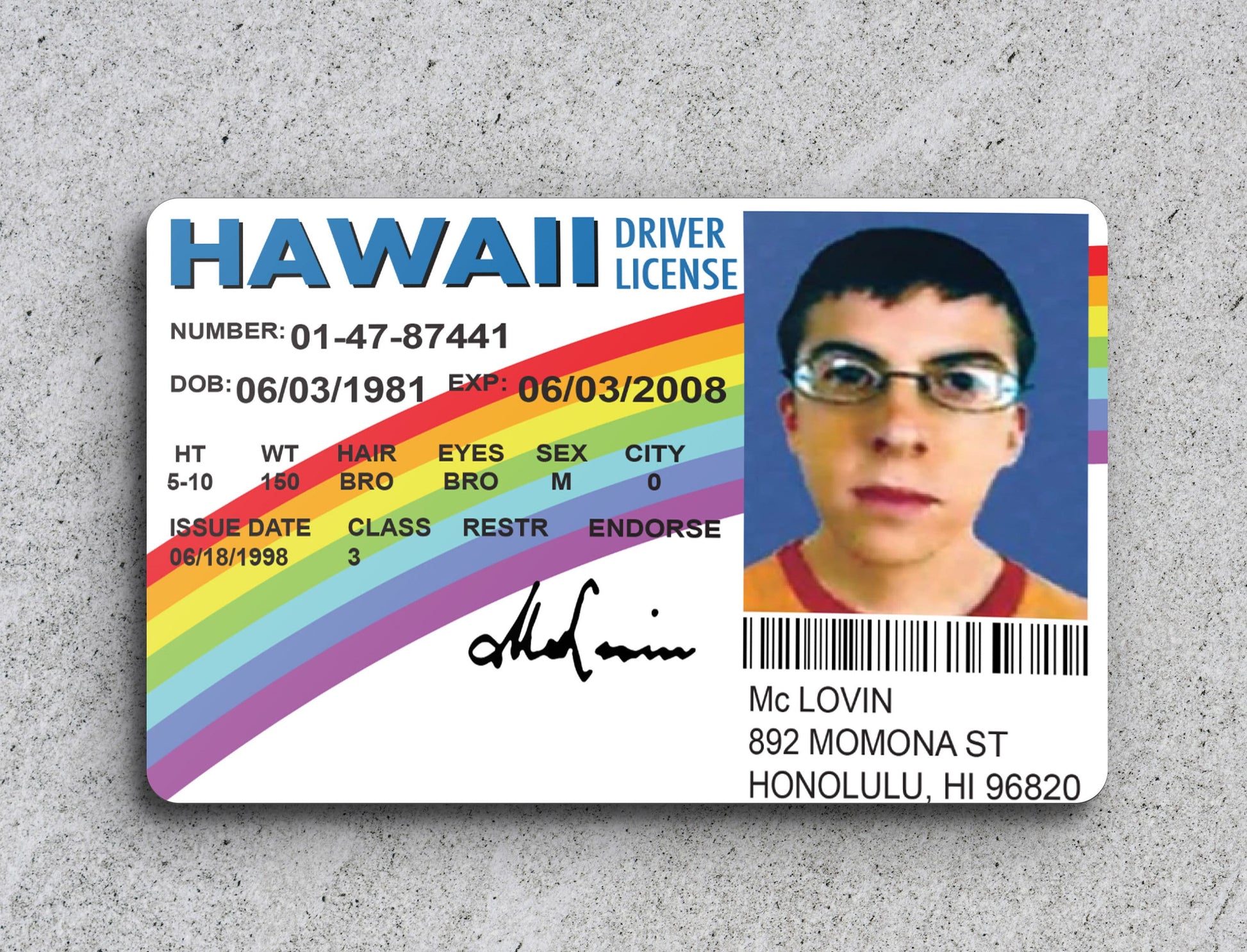 a fake id card with a rainbow on it